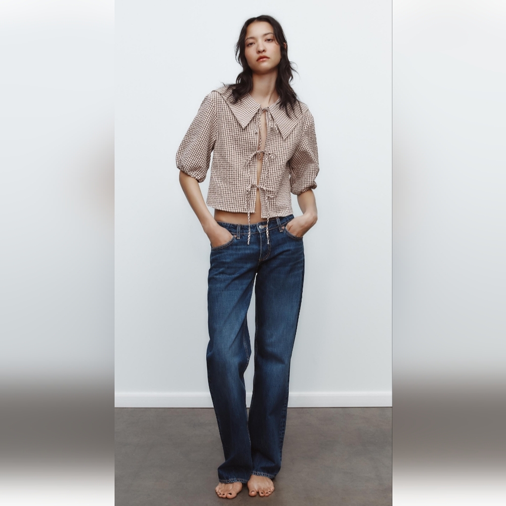 Zara BIB COLLAR GINGHAM SHIRT (S)